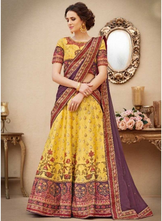 Gold N Purple Embroidery Work N Printed Banarasi Silk Designer Party Wear Lehenga Choli 